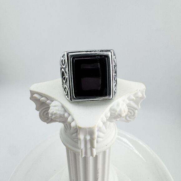 Vintage Silver Tone Black Square Rhinestone Ring • Filigree Swirl Statement NWOT - Picture 9 of 12